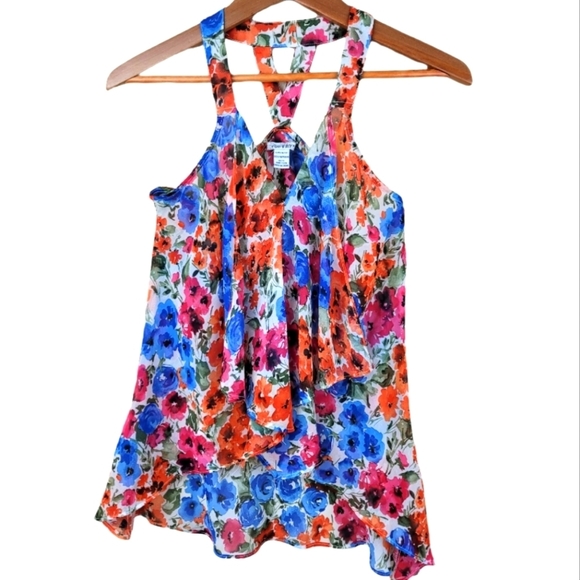 POETRY Flowy Spring Floral  Print Hi-Lo Racerback Front Ruffle Top - Picture 4 of 11